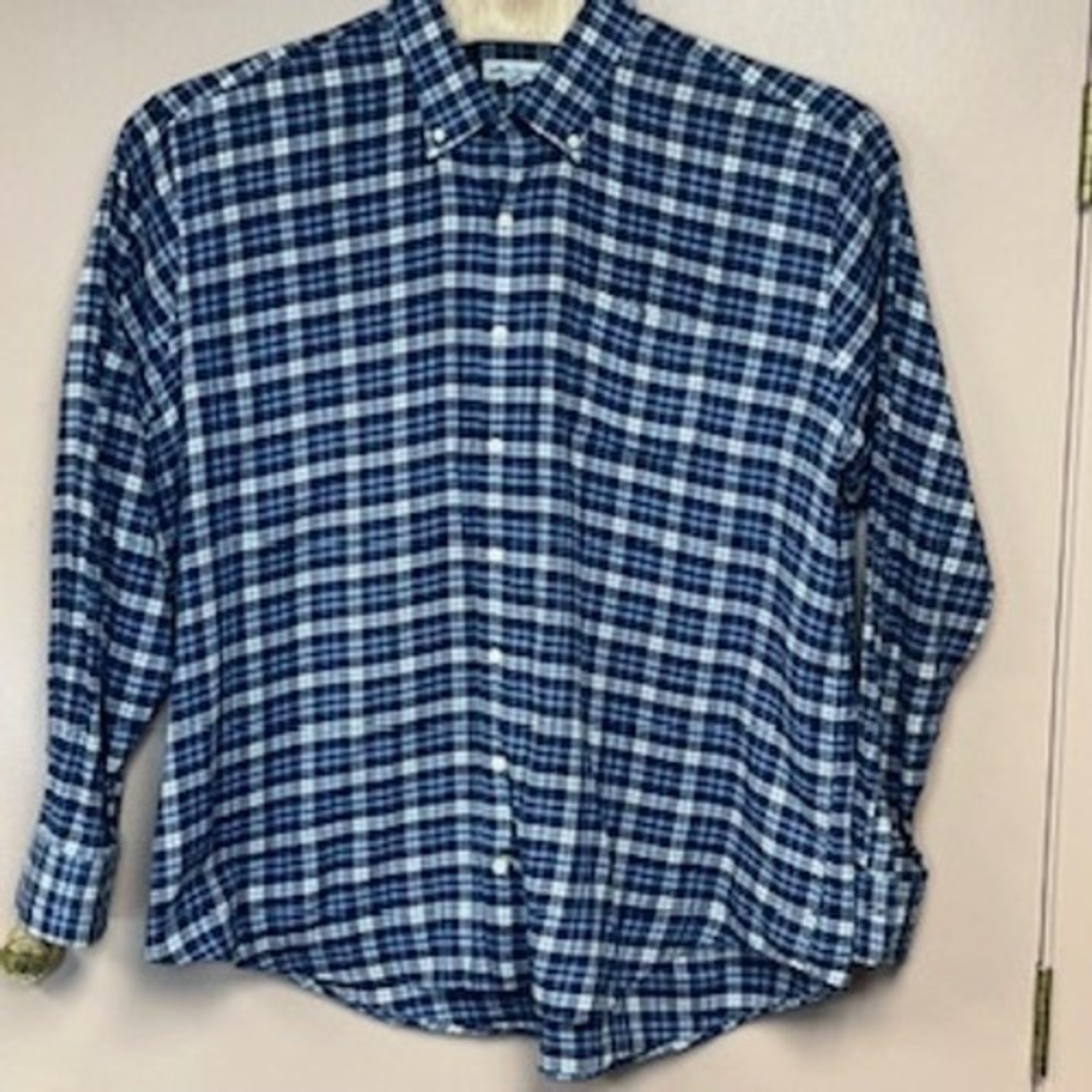 Peter Millar XXL Plaid Button Down Shirt Long Sleeve Blue White Cotton Blend